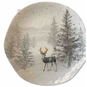 Tahari Home Melamine 10” Dia Dinner Plate Gold Silver Deer Holiday Christmas